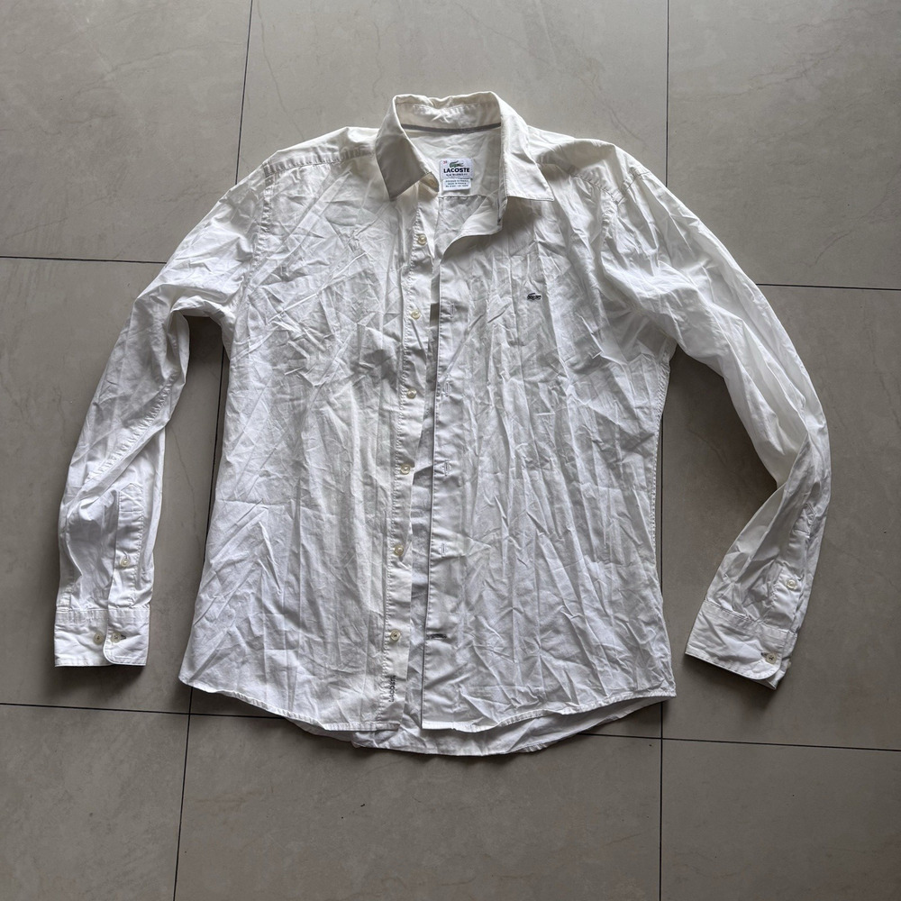 Lacoste Menโs Slim Fit White Long Sleeve Button-Up Shirt Size 39